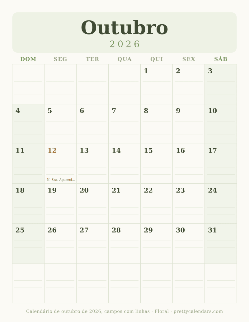 Calendário de Outubro de 2026 para imprimir com linhas para escrever, estilo Floral