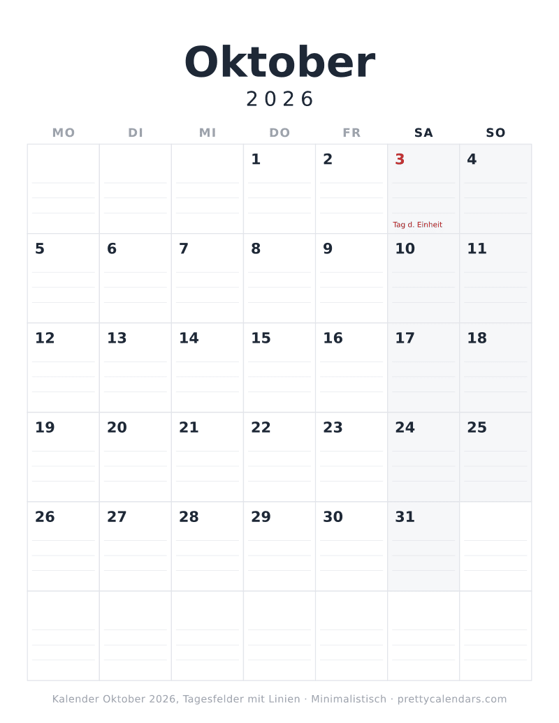 Druckbarer Kalender Oktober 2026 mit Schreiblinien, Design Minimalistisch