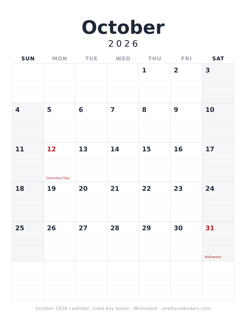 Printable October 2026 calendar with ruled writing lines inside every day box, Minimalist style
