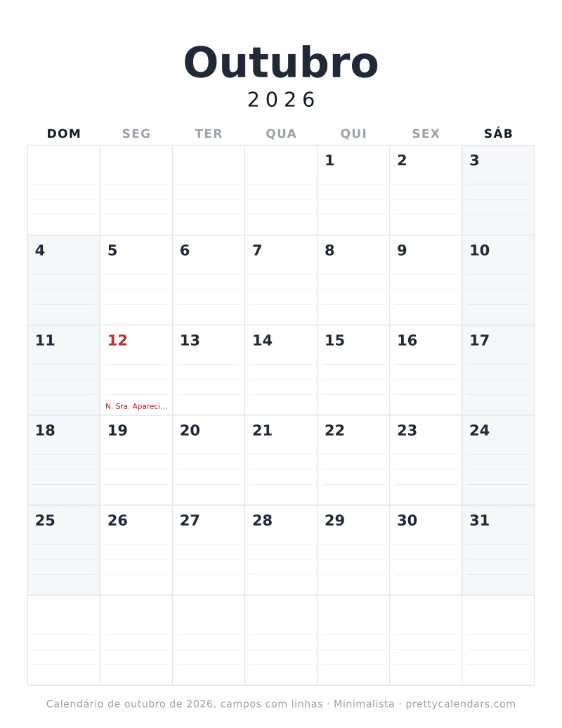 Calendário de Outubro de 2026 para imprimir com linhas para escrever, estilo Minimalista