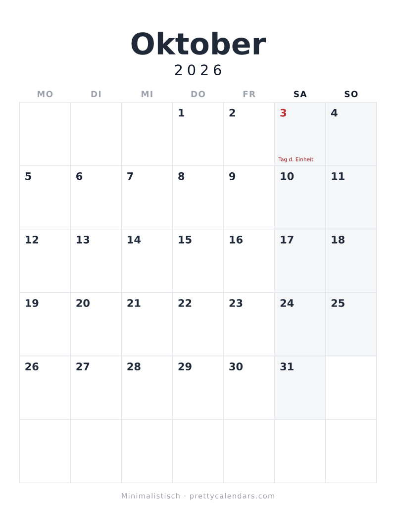 Druckbarer Kalender Oktober 2026, Design Minimalistisch