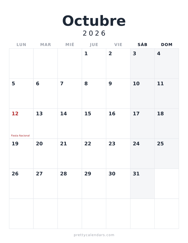 Calendario de Octubre 2026