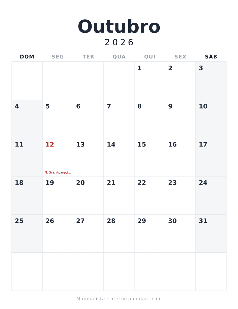 Calendário de Outubro de 2026 para imprimir, estilo Minimalista