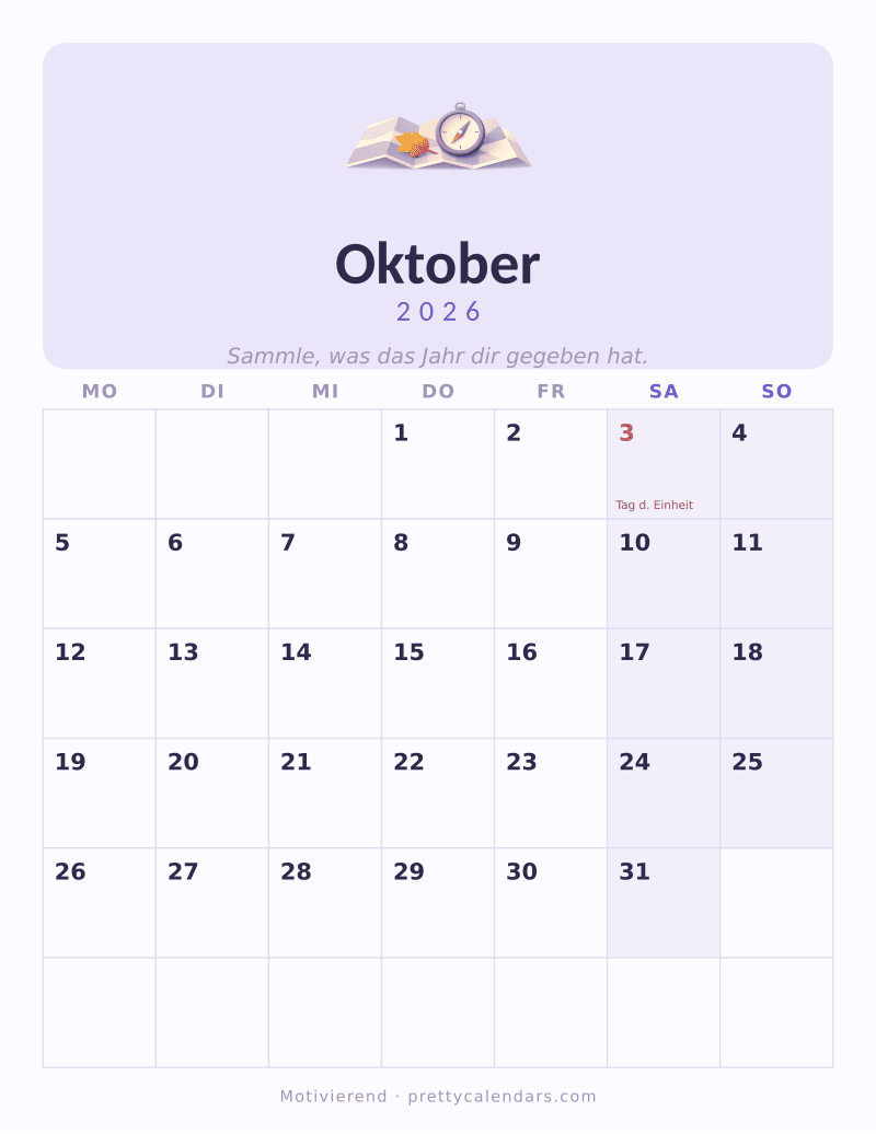 Druckbarer Kalender Oktober 2026, Design Motivierend