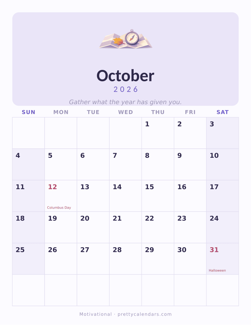 October 2026 printable calendar, Motivational style