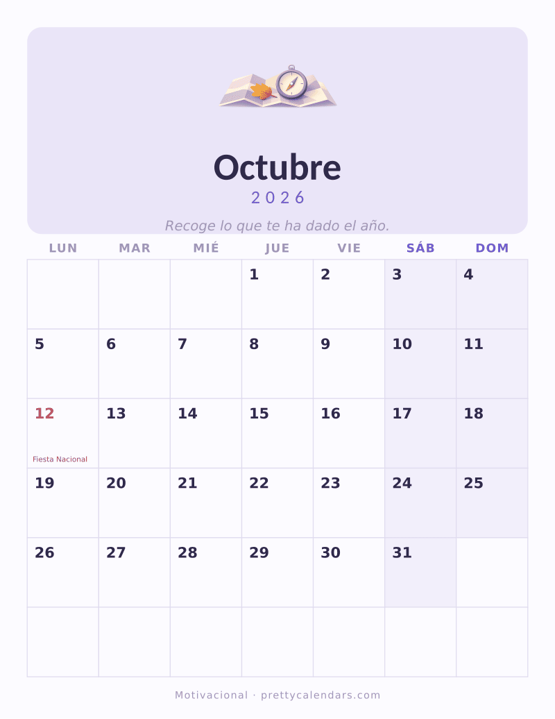 Calendario de Octubre 2026 para imprimir, estilo Motivacional