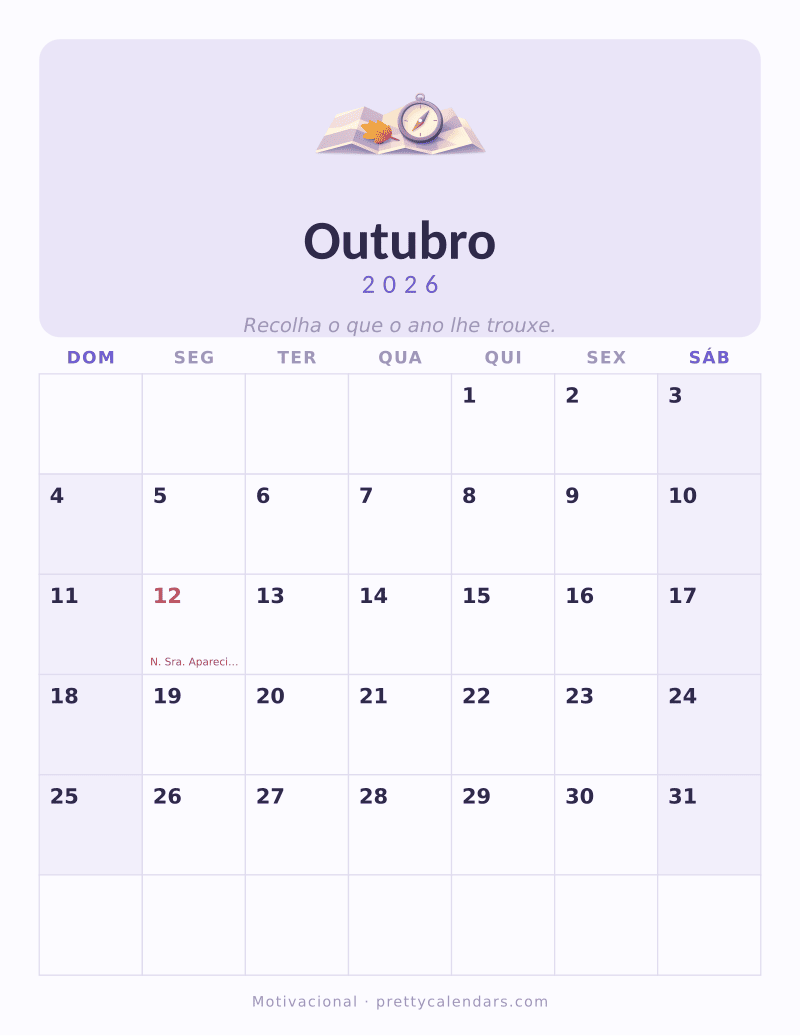 Calendário de Outubro de 2026 para imprimir, estilo Motivacional
