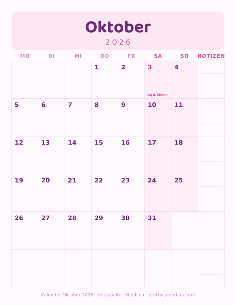 Druckbarer Kalender Oktober 2026 mit Notizspalte, Design Niedlich