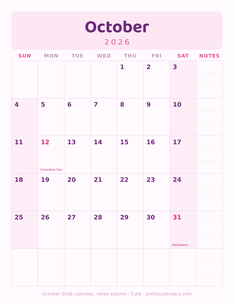 Printable October 2026 calendar with seven day columns and a weekly notes column, Cute style