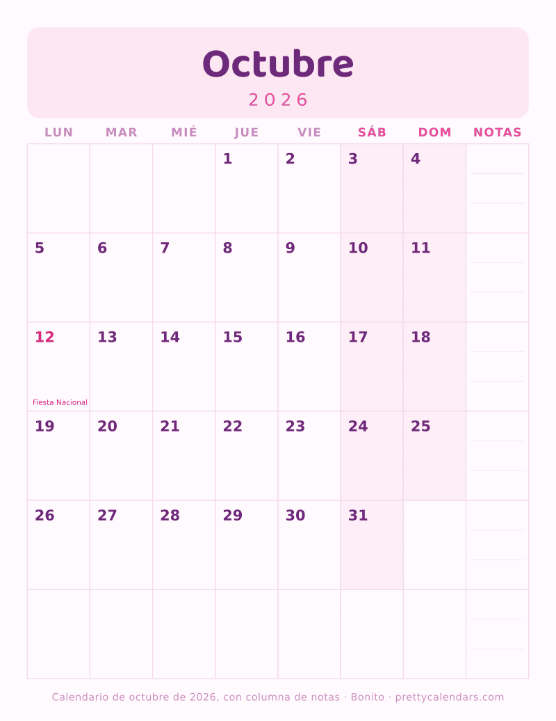 Calendario de Octubre 2026 para imprimir con siete columnas de días y una columna de notas de la semana, estilo Bonito