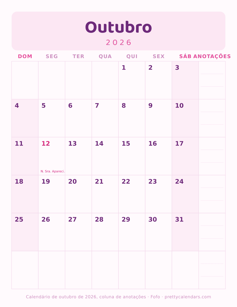 Calendário de Outubro de 2026 para imprimir com coluna de anotações, estilo Fofo