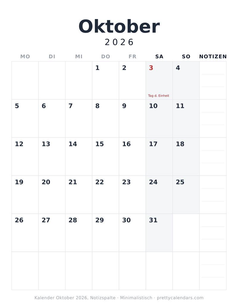 Druckbarer Kalender Oktober 2026 mit Notizspalte, Design Minimalistisch