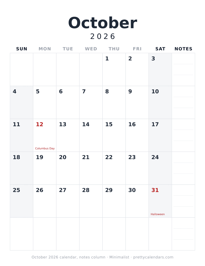 Printable October 2026 calendar with seven day columns and a weekly notes column, Minimalist style