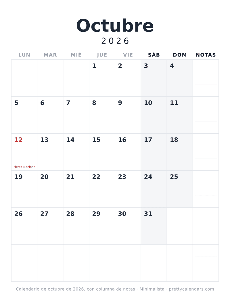 Calendario de Octubre 2026 para imprimir con siete columnas de días y una columna de notas de la semana, estilo Minimalista