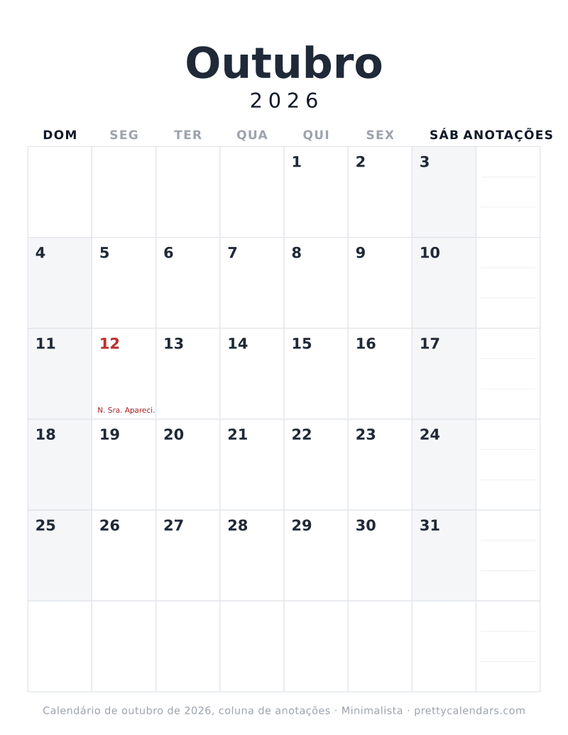 Calendário de Outubro de 2026 para imprimir com coluna de anotações, estilo Minimalista