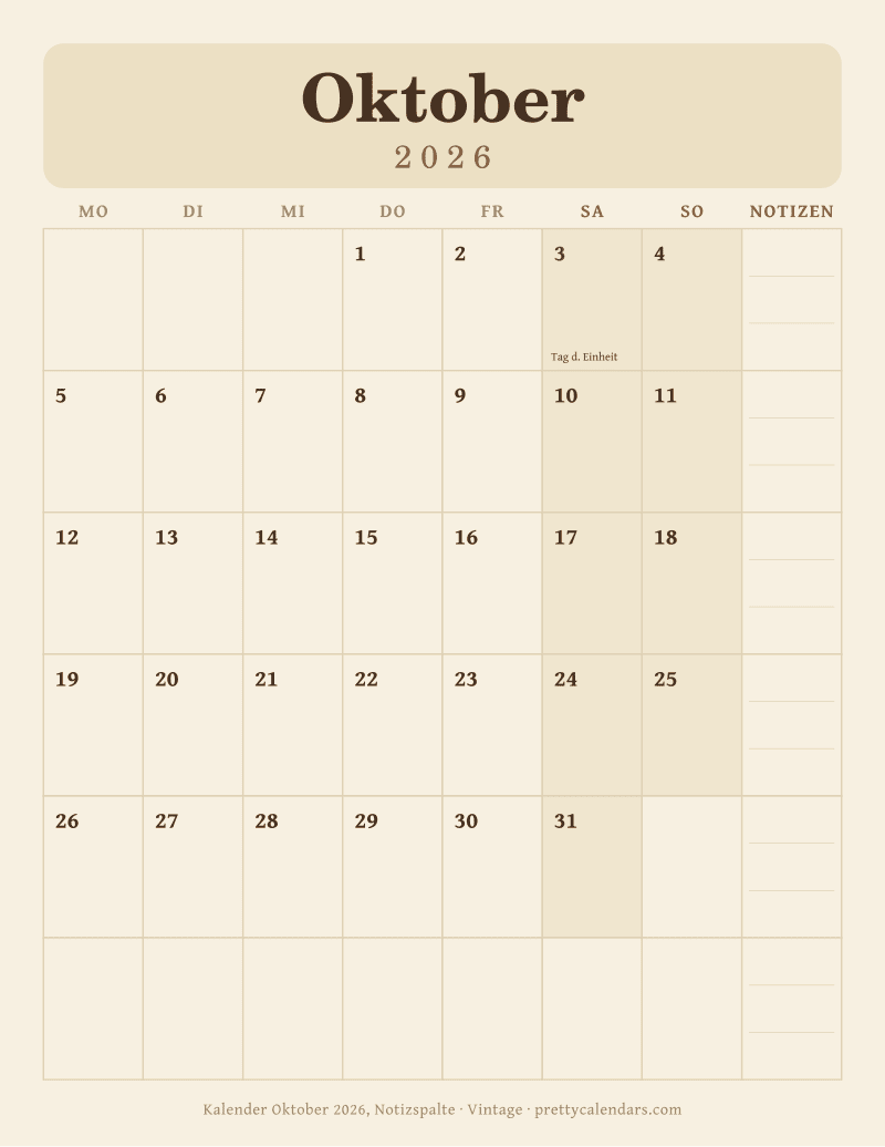 Druckbarer Kalender Oktober 2026 mit Notizspalte, Design Vintage