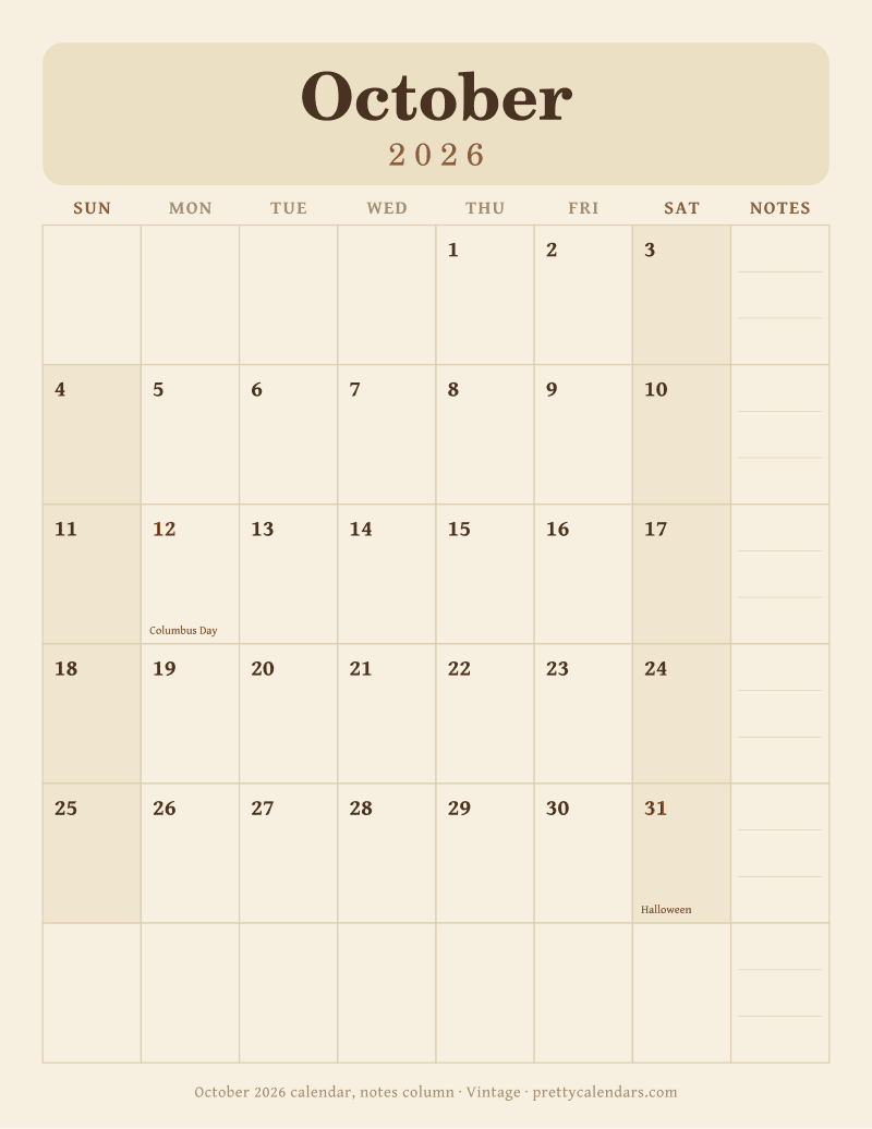 Printable October 2026 calendar with seven day columns and a weekly notes column, Vintage style