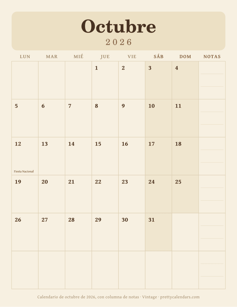 Calendario de Octubre 2026 para imprimir con siete columnas de días y una columna de notas de la semana, estilo Vintage