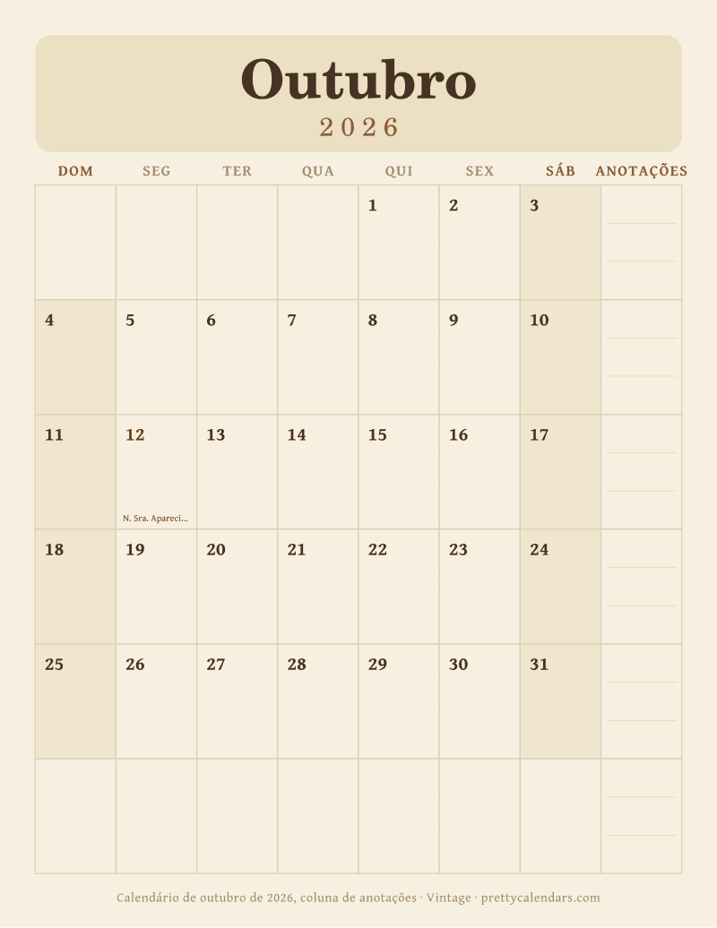 Calendário de Outubro de 2026 para imprimir com coluna de anotações, estilo Vintage
