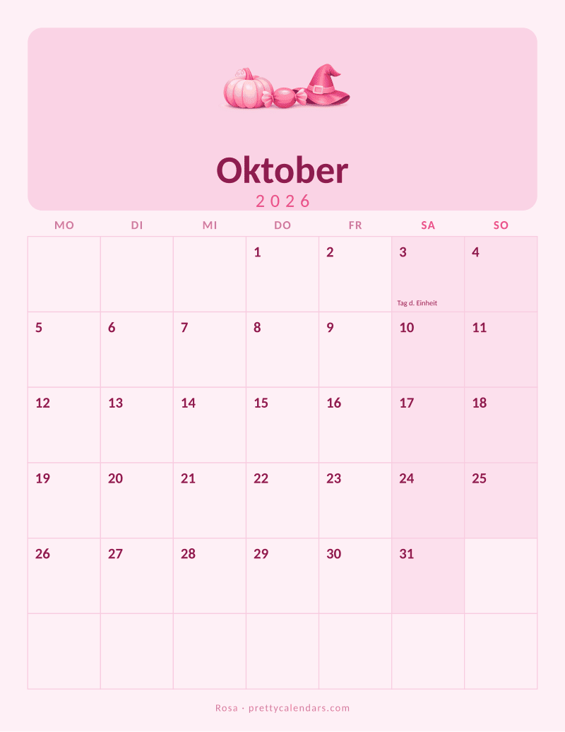 Druckbarer Kalender Oktober 2026, Design Rosa