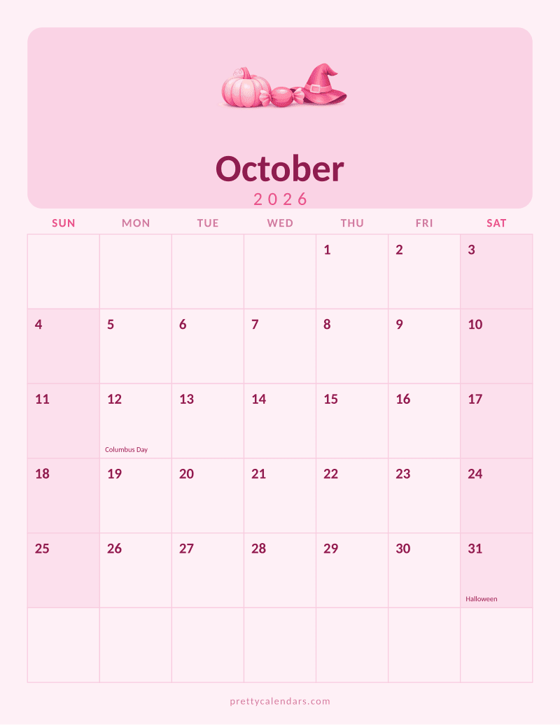 October 2026 printable calendar, Pink style