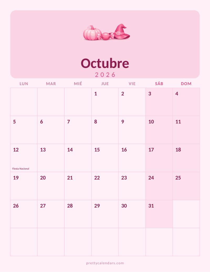 Calendario de Octubre 2026 para imprimir, estilo Rosa