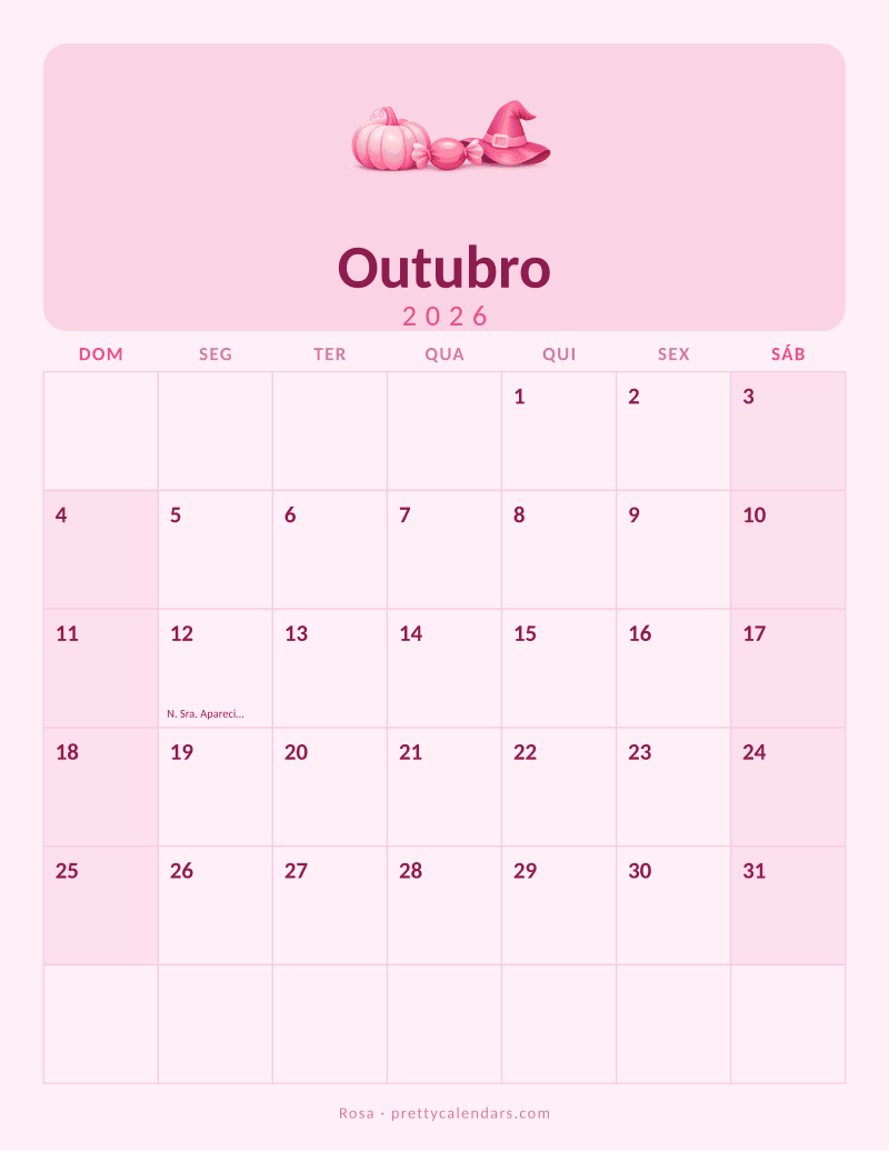 Calendário de Outubro de 2026 para imprimir, estilo Rosa