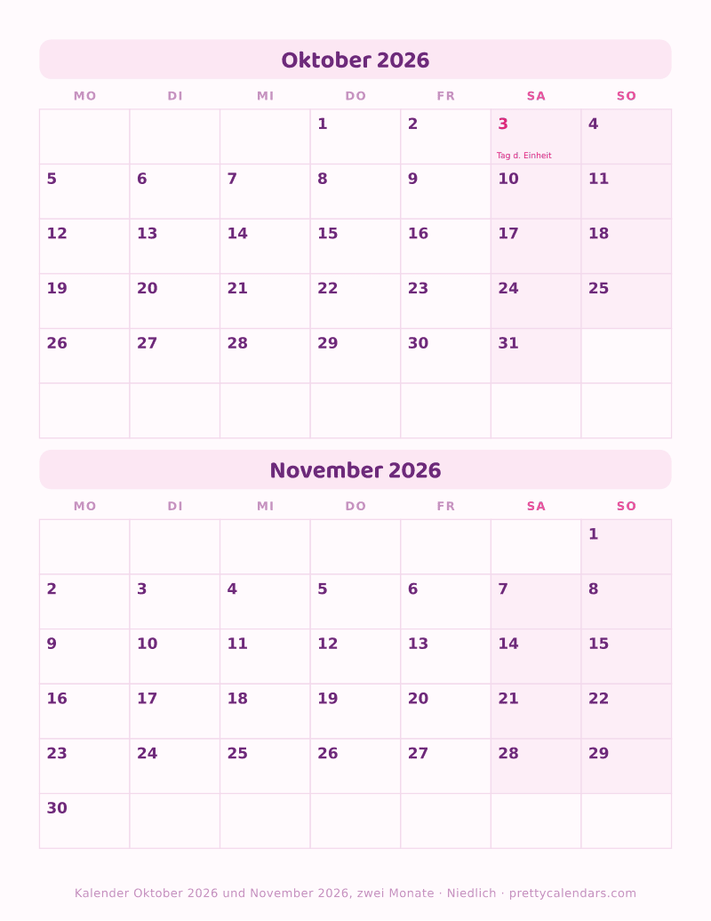Druckbarer Kalender mit Oktober 2026 und November 2026 auf einer Seite, Design Niedlich