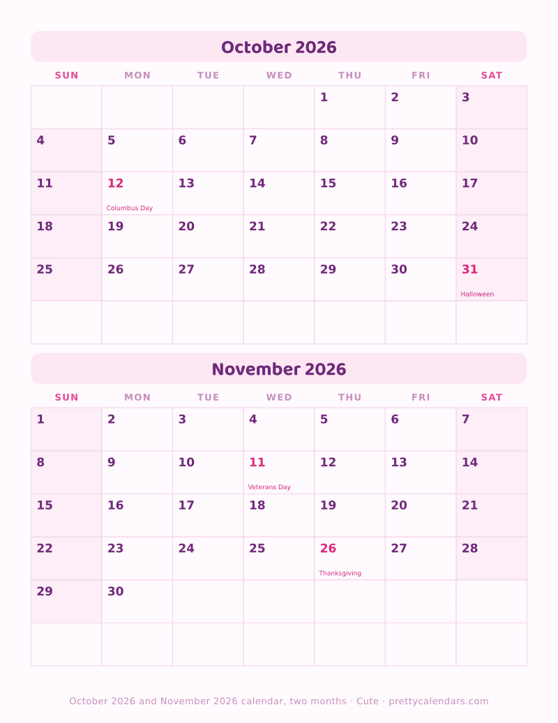 Printable calendar with October 2026 and November 2026 dated on the same page, Cute style