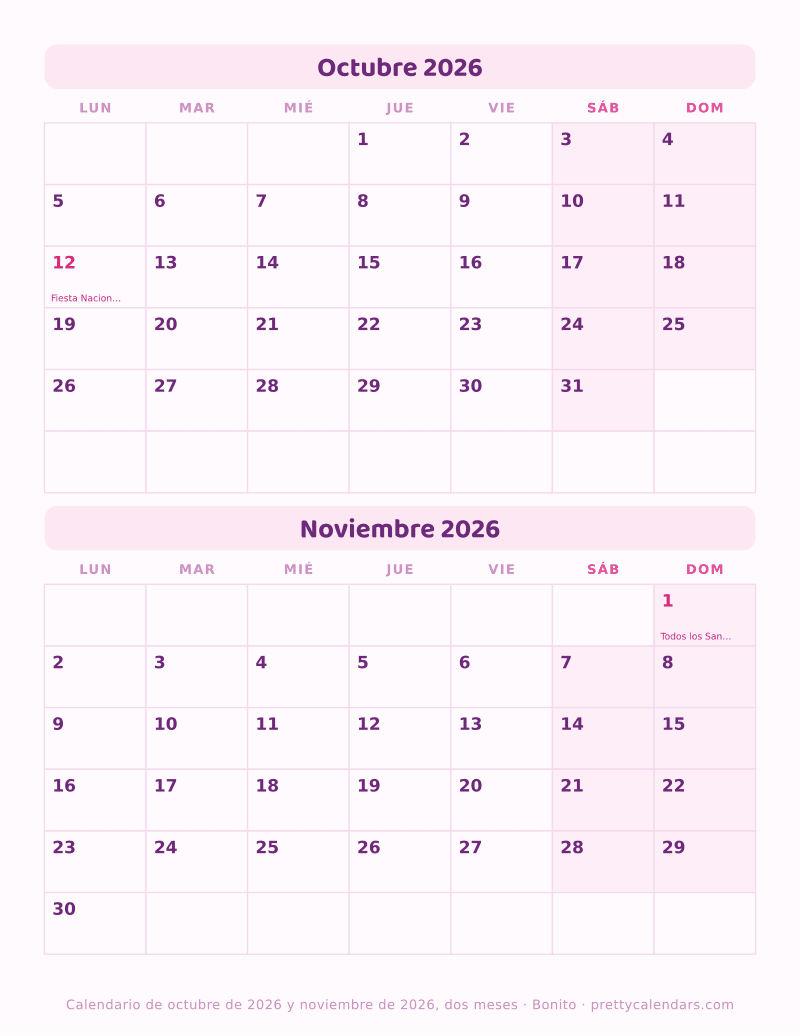Calendario para imprimir con Octubre 2026 y Noviembre 2026 fechados en la misma hoja, estilo Bonito