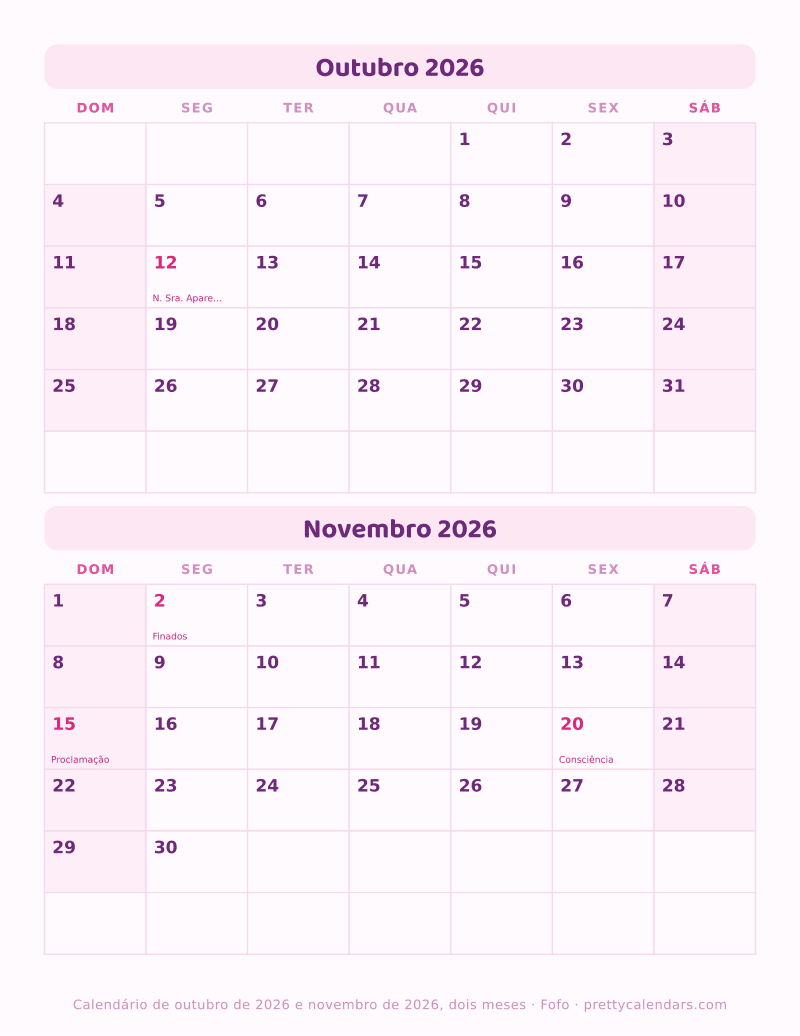 Calendário de Outubro de 2026 e Novembro de 2026 na mesma página, estilo Fofo