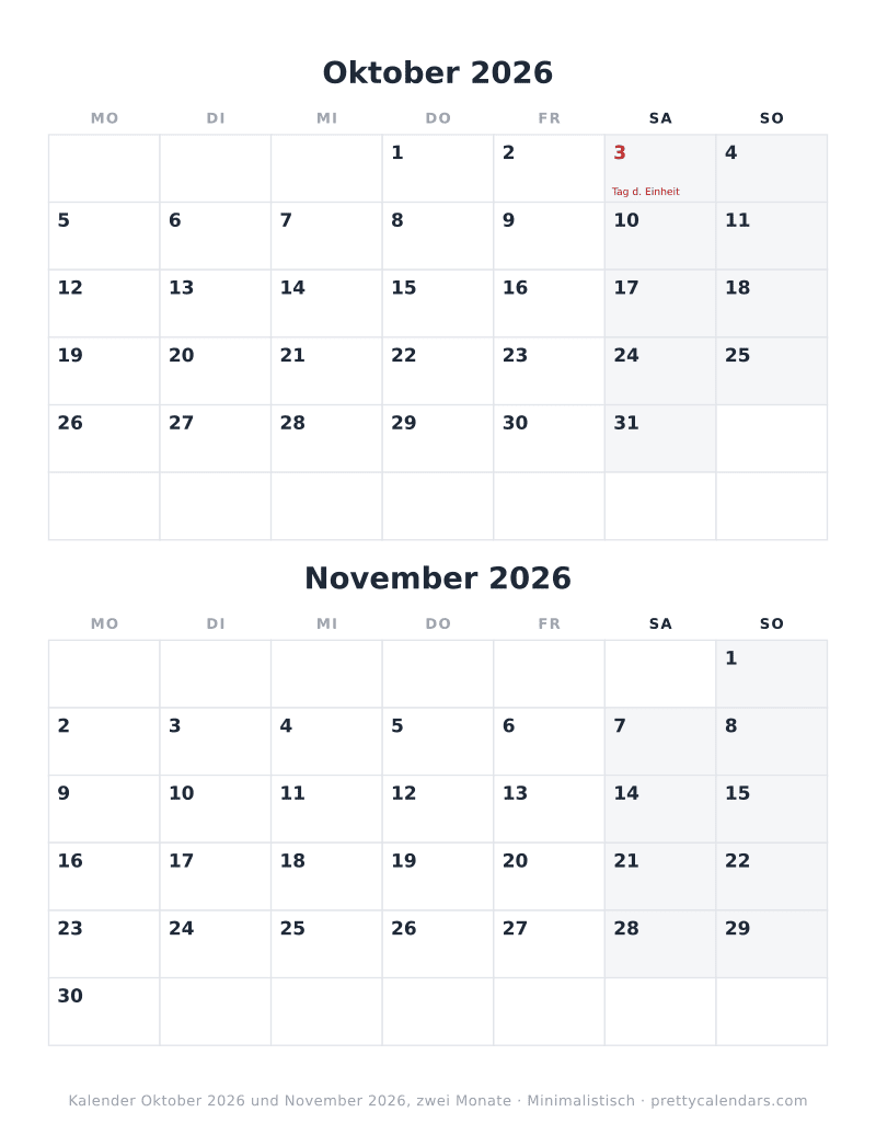 Druckbarer Kalender mit Oktober 2026 und November 2026 auf einer Seite, Design Minimalistisch