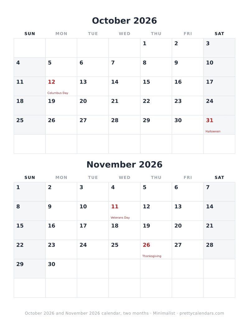 Printable calendar with October 2026 and November 2026 dated on the same page, Minimalist style