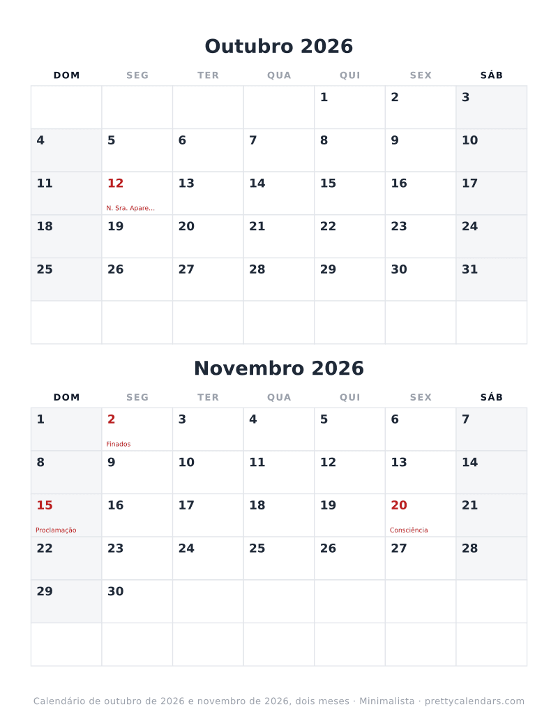 Calendário de Outubro de 2026 e Novembro de 2026 na mesma página, estilo Minimalista