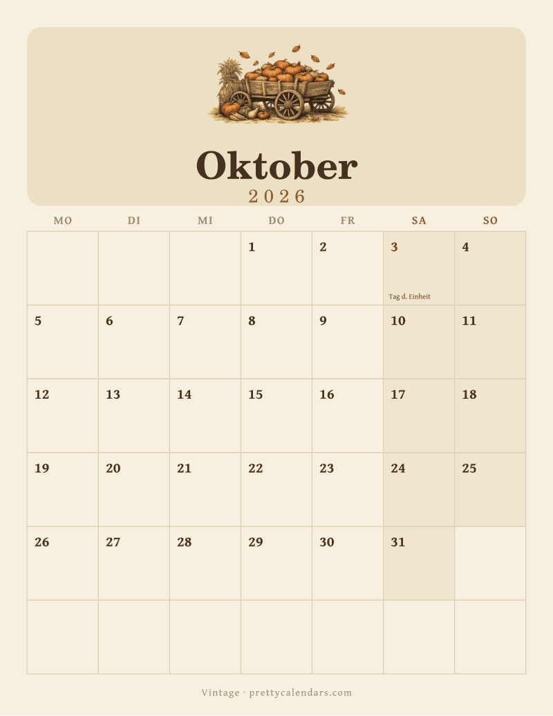 Druckbarer Kalender Oktober 2026, Design Vintage