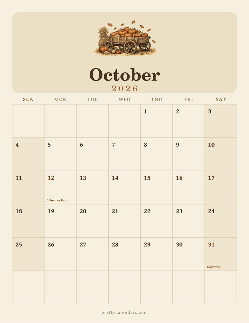 October 2026 printable calendar, Vintage style