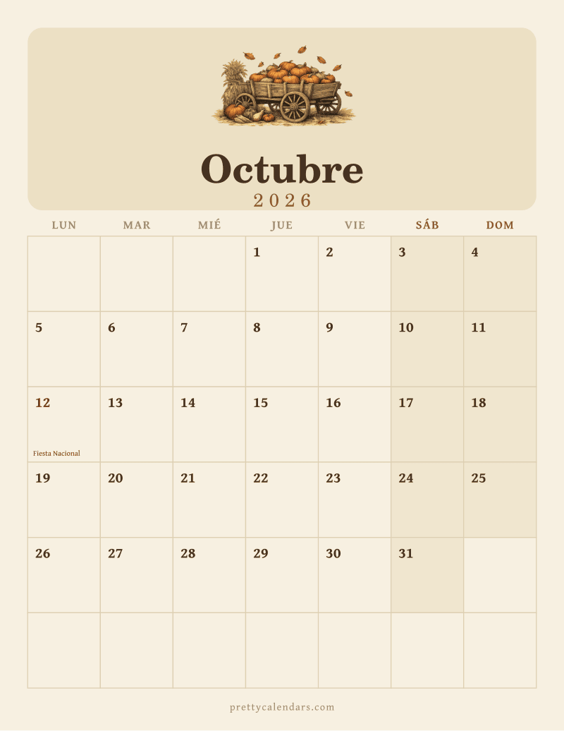 Calendario de Octubre 2026 para imprimir, estilo Vintage