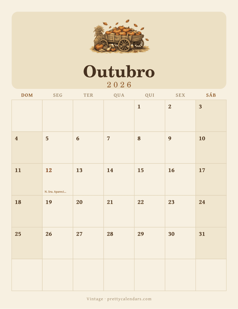 Calendário de Outubro de 2026 para imprimir, estilo Vintage