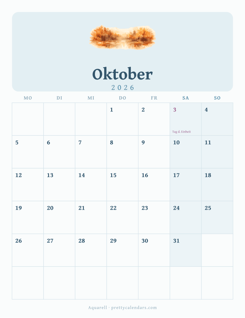 Druckbarer Kalender Oktober 2026, Design Aquarell