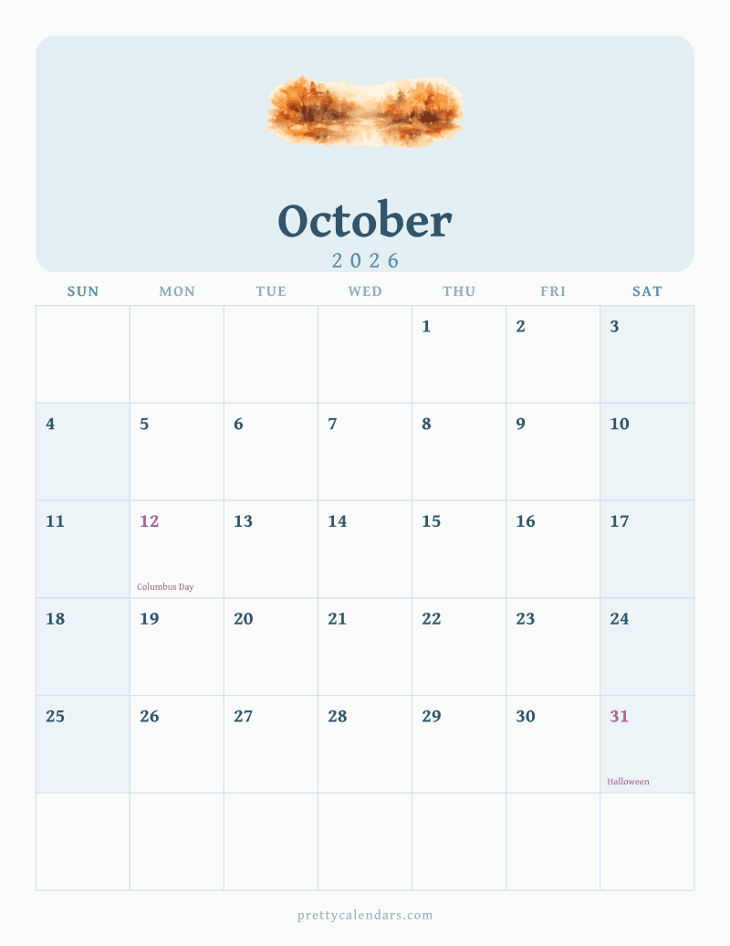 October 2026 printable calendar, Watercolor style
