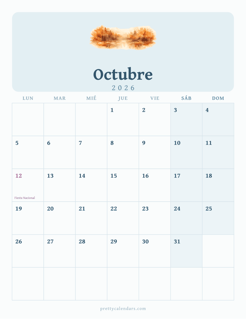 Calendario de Octubre 2026 para imprimir, estilo Acuarela