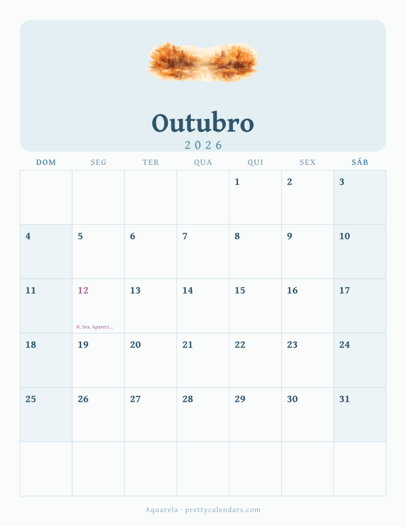 Calendário de Outubro de 2026 para imprimir, estilo Aquarela