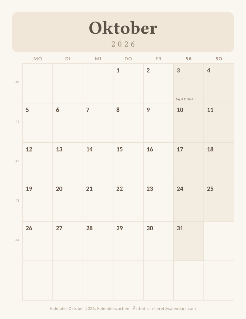 Druckbarer Kalender Oktober 2026 mit Kalenderwochen, Design Ästhetisch
