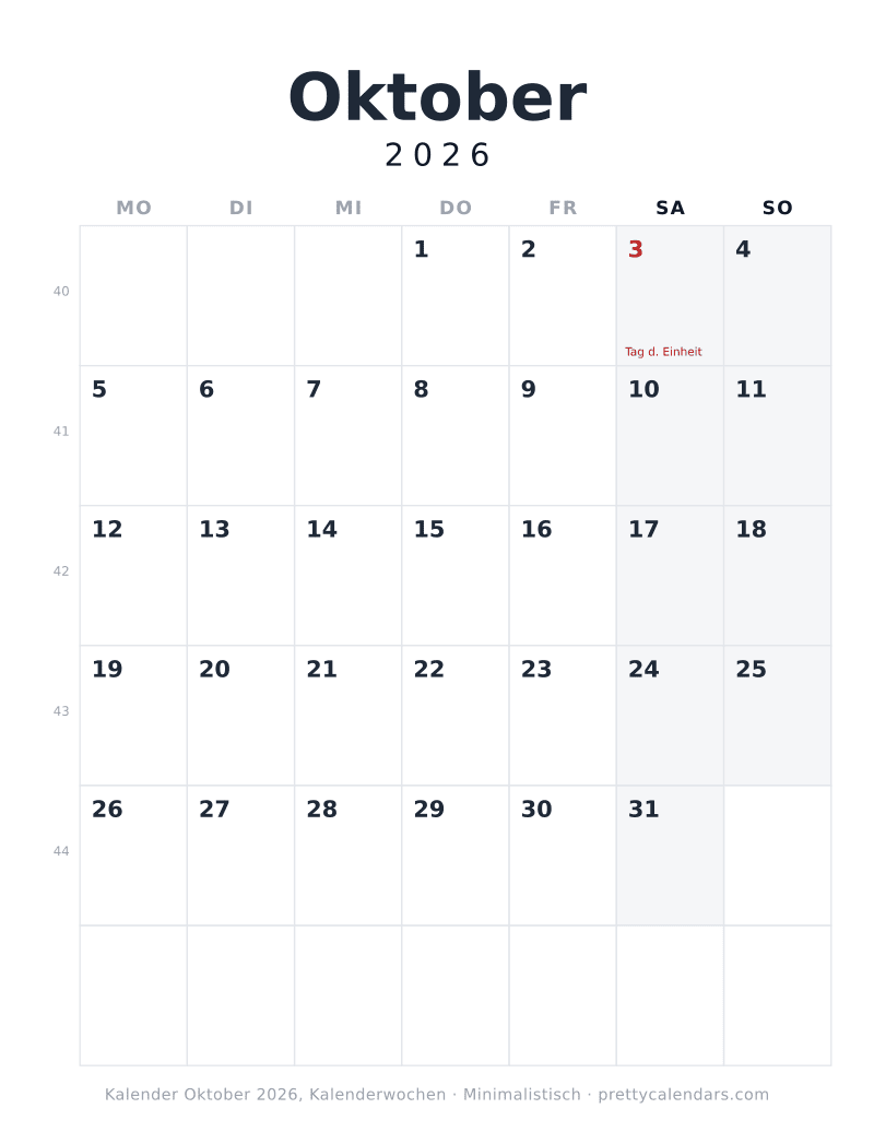 Druckbarer Kalender Oktober 2026 mit Kalenderwochen, Design Minimalistisch