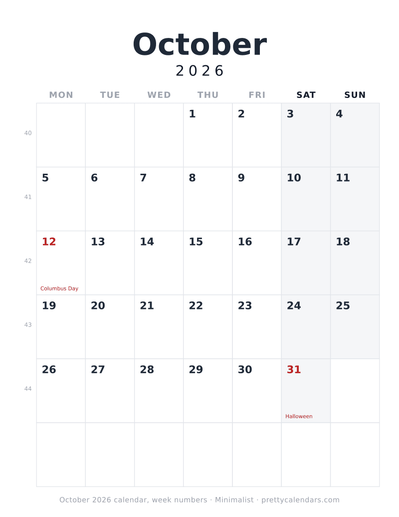 Printable October 2026 calendar with ISO week numbers and a Monday start, Minimalist style