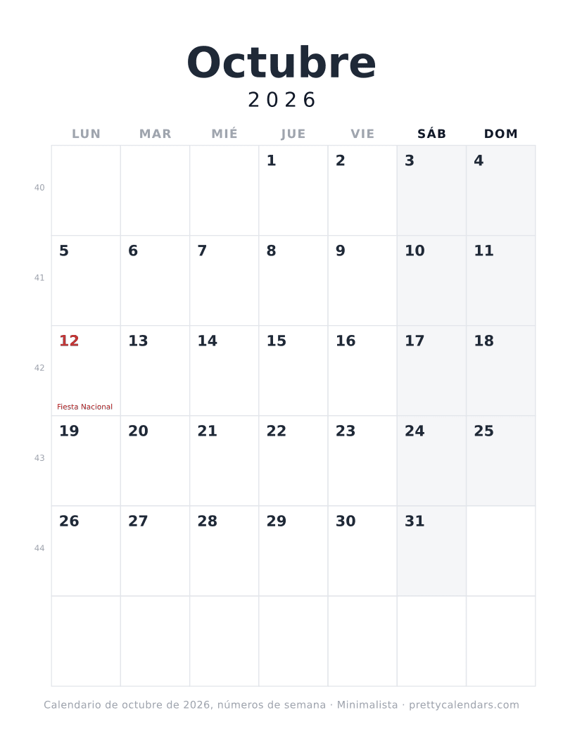 Calendario imprimible de Octubre 2026 con números de semana e inicio en lunes, estilo Minimalista