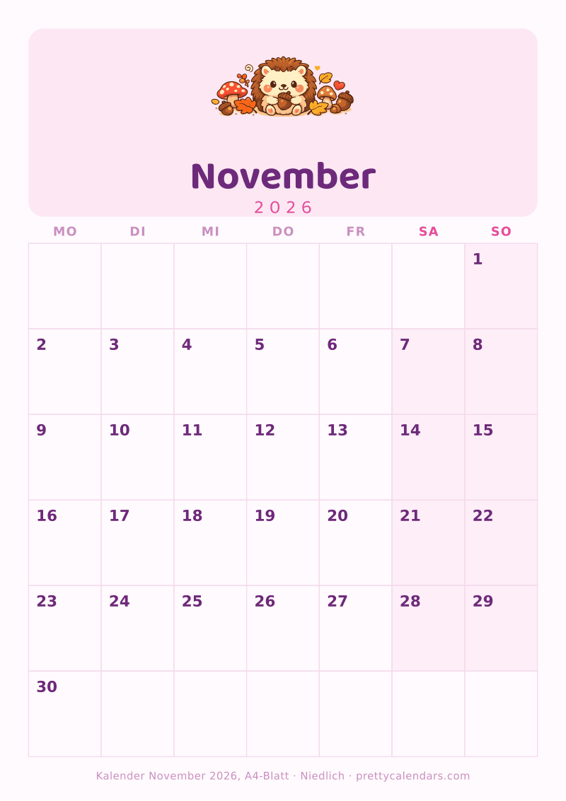 Druckbarer Kalender November 2026 mit echtem A4-Format, Design Niedlich
