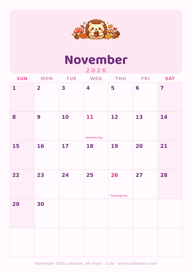 Printable November 2026 calendar sized for A4 paper, Cute style