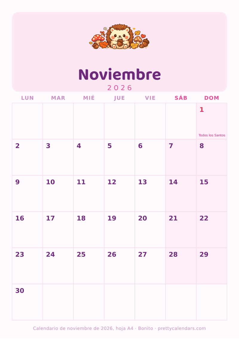 Calendario de Noviembre 2026 para imprimir con las medidas de un A4, estilo Bonito
