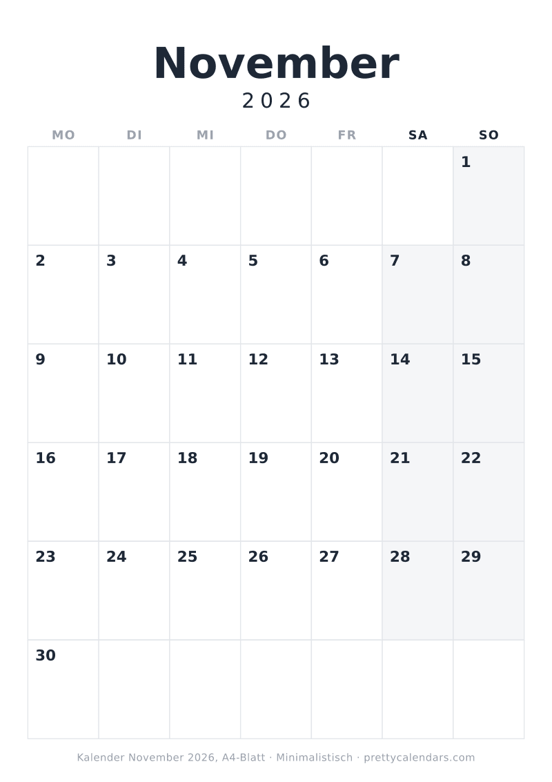 Druckbarer Kalender November 2026 mit echtem A4-Format, Design Minimalistisch